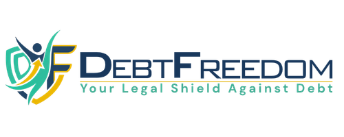 Debt Freedom logo featuring a shield and human figure icon in green, yellow, and blue colors with the tagline "Your Legal Shield Against Debt."